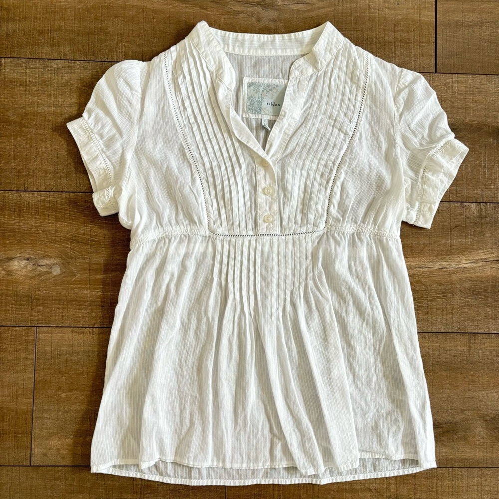 Tildon Women's White Short Sleeve Cotton Pintuck Blouse Size Large